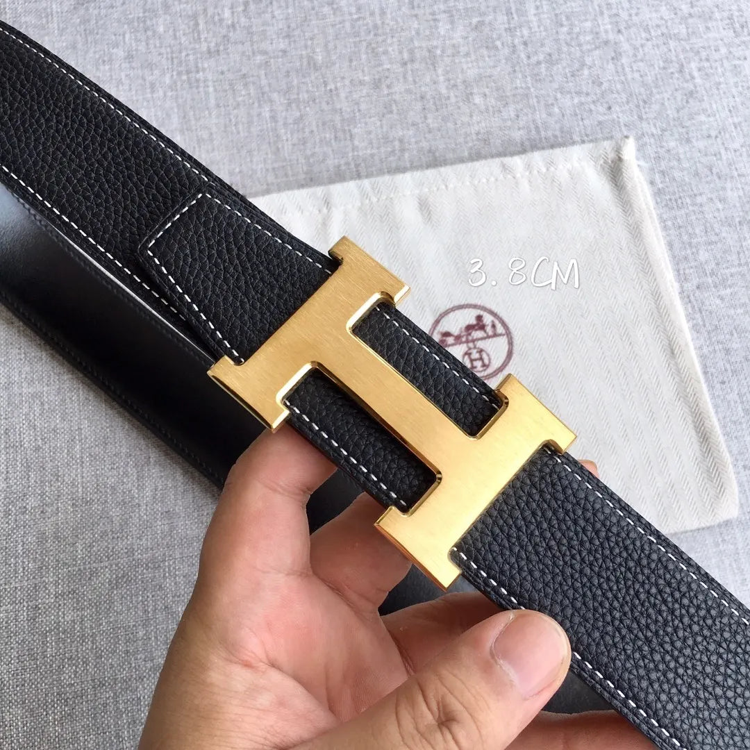 gold Hermes Black Togo Leather Belt