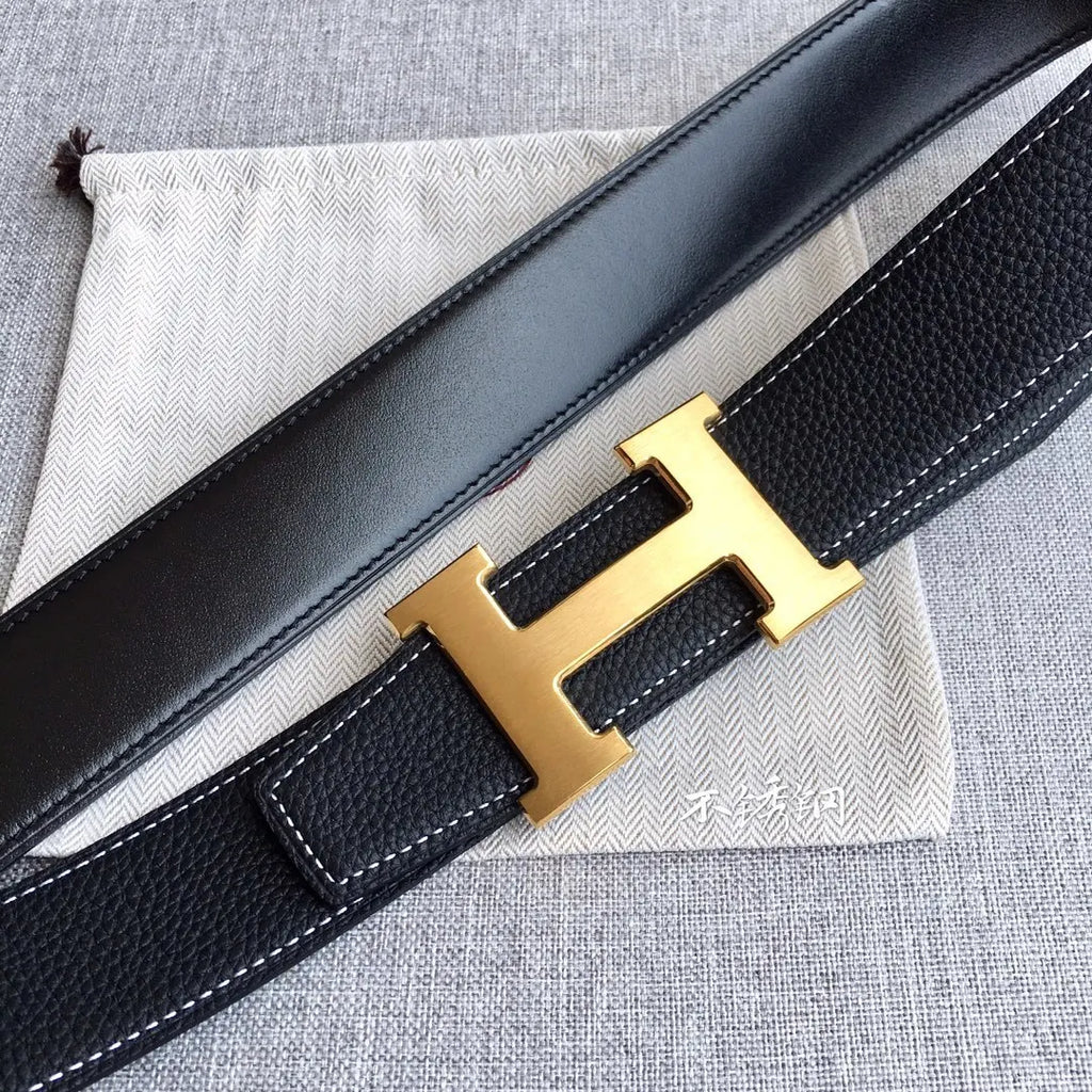 gold Hermes Black Togo Leather Belt - Hình 2