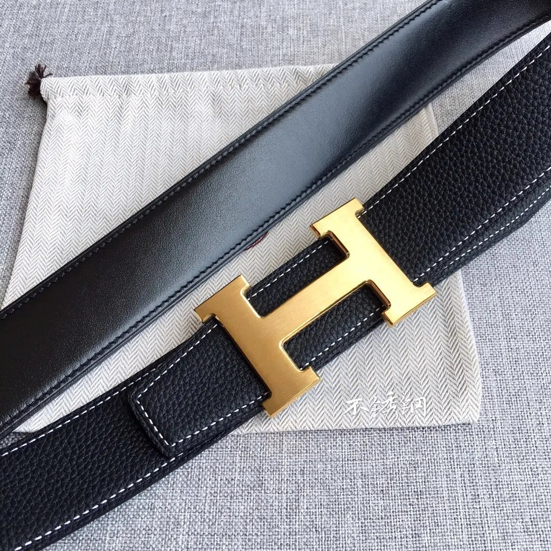 gold Hermes Black Togo Leather Belt - Hình 2