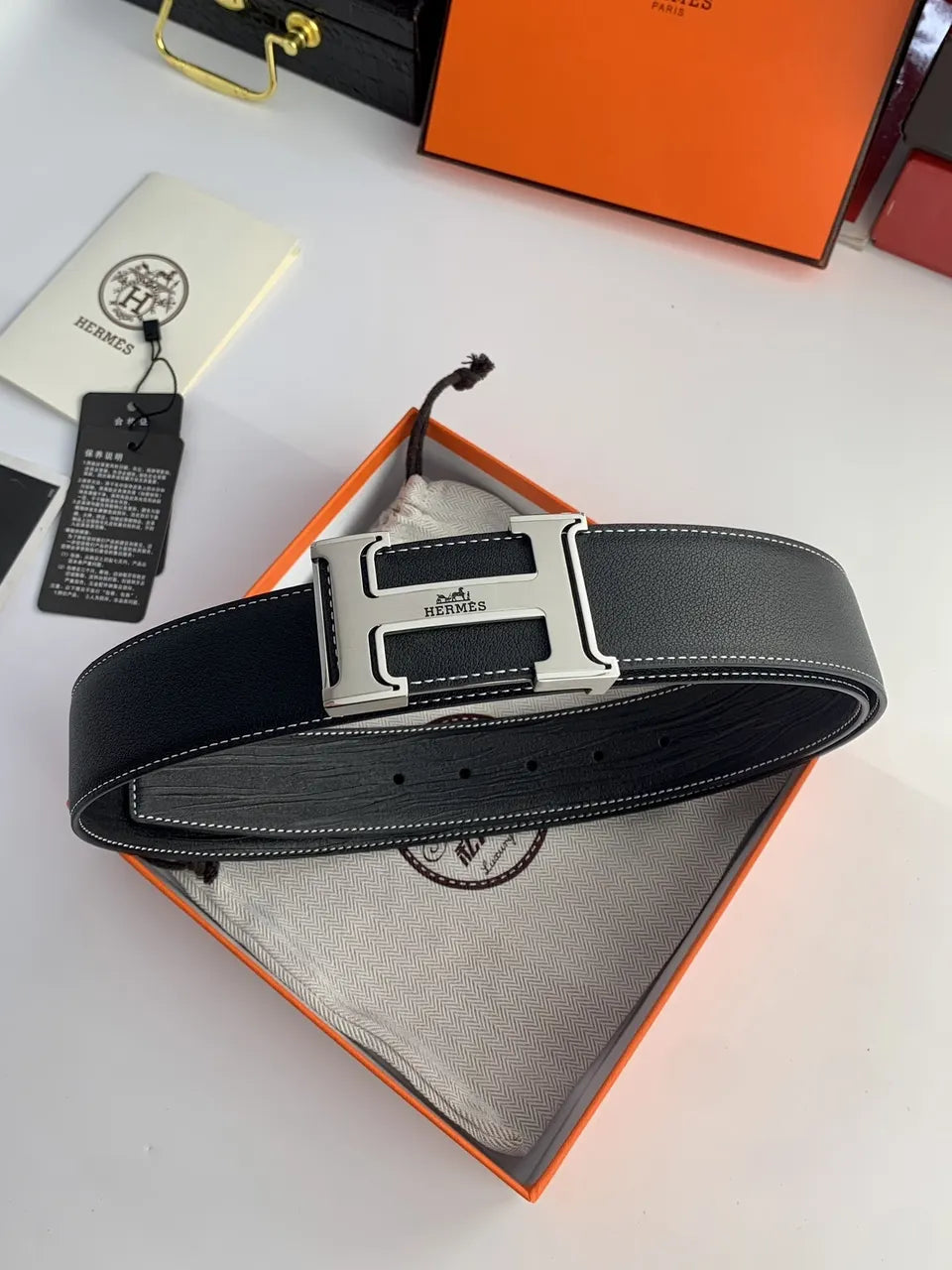 Hermes Black Leather Belt Silver Buckle - Hình 2