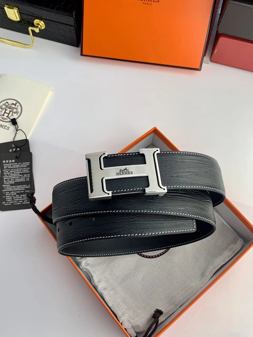Hermes Black Leather Belt Silver Buckle - Hình 3