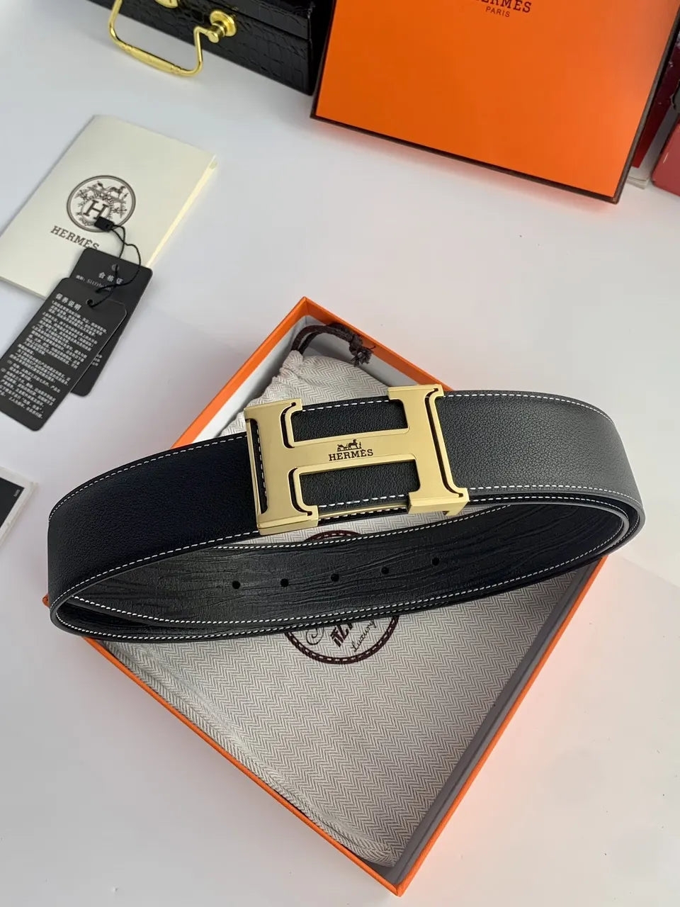 buckle Hermes Black Leather Belt Gold - Hình 4