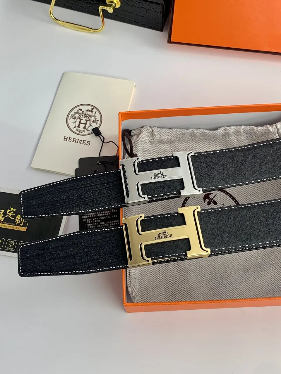 buckle Hermes Black Leather Belt Gold - Hình 5