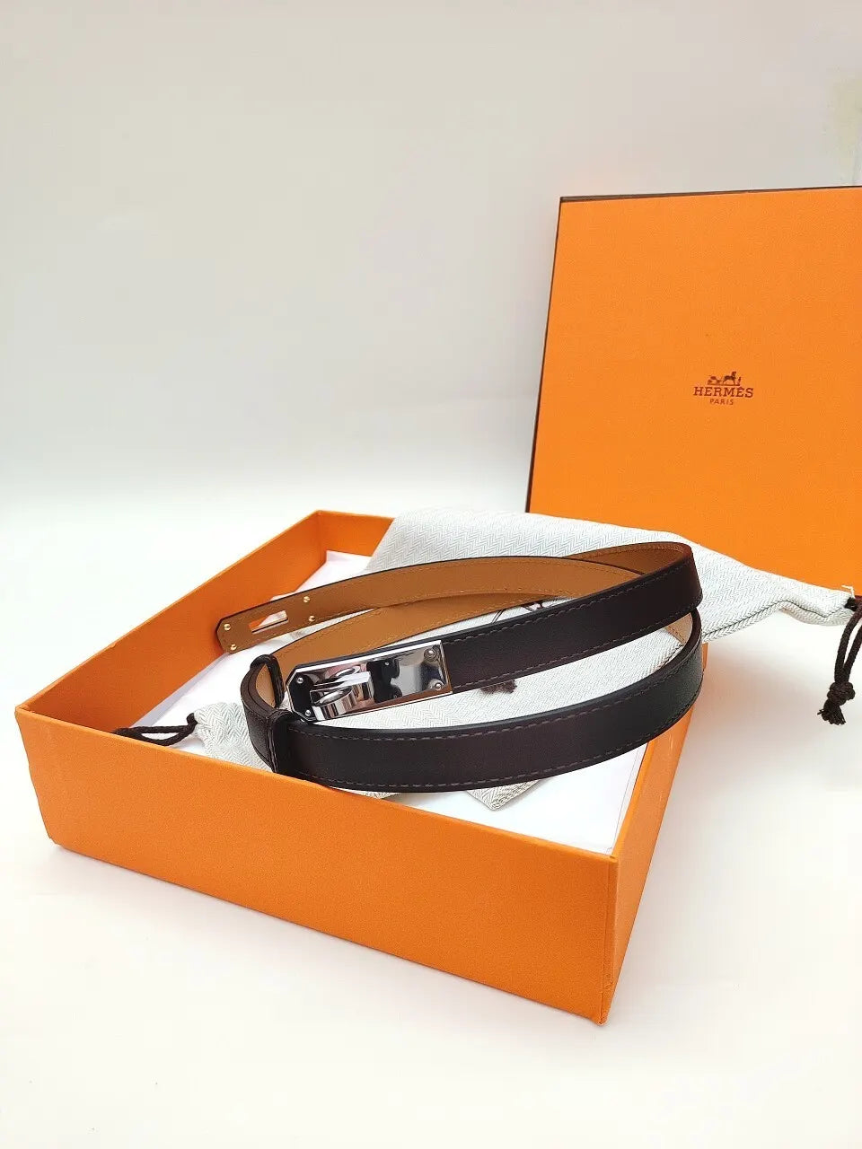 Hermes Black Leather Silver Buckle Belt - Hình 2