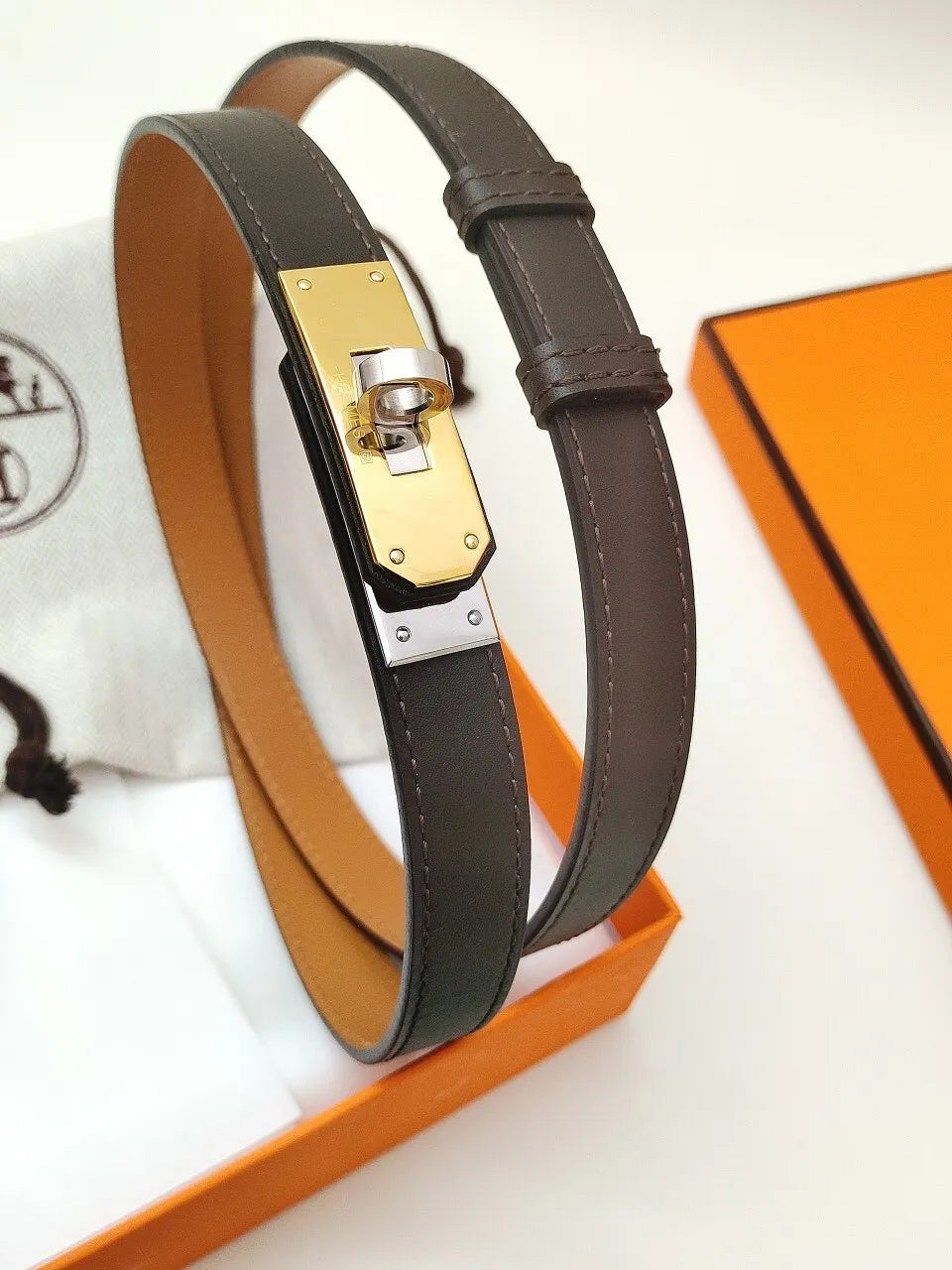 Hermes Black Leather Silver Buckle Belt - Hình 4