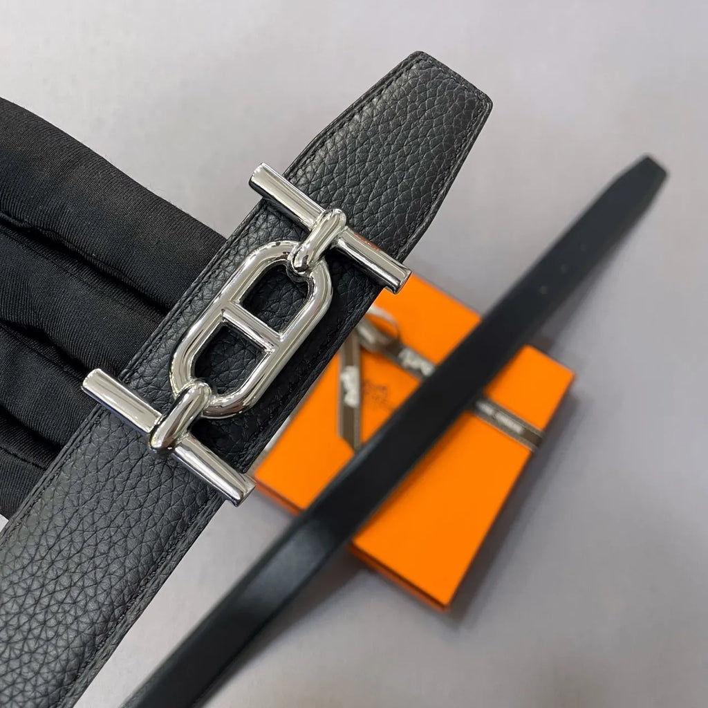 silver chaine Hermes Black Leather Belt - Hình 2