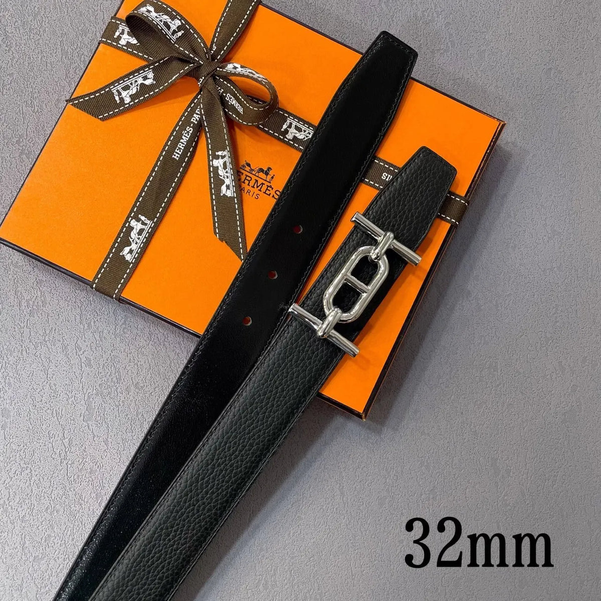 silver chaine Hermes Black Leather Belt - Hình 3