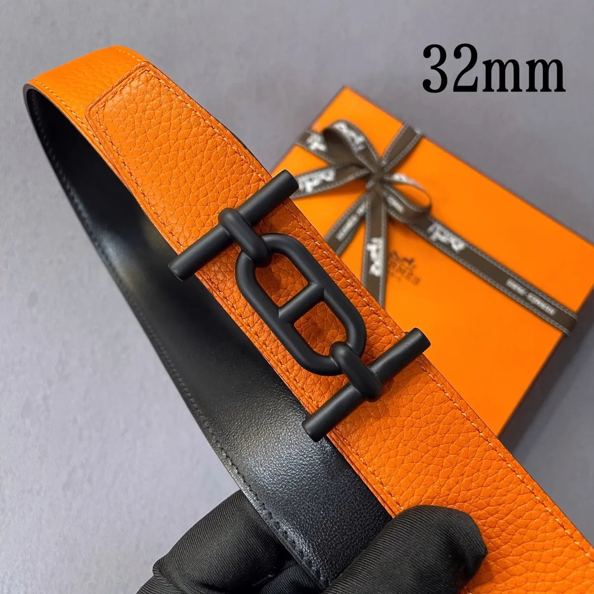 Hermes Orange Black Leather Belt