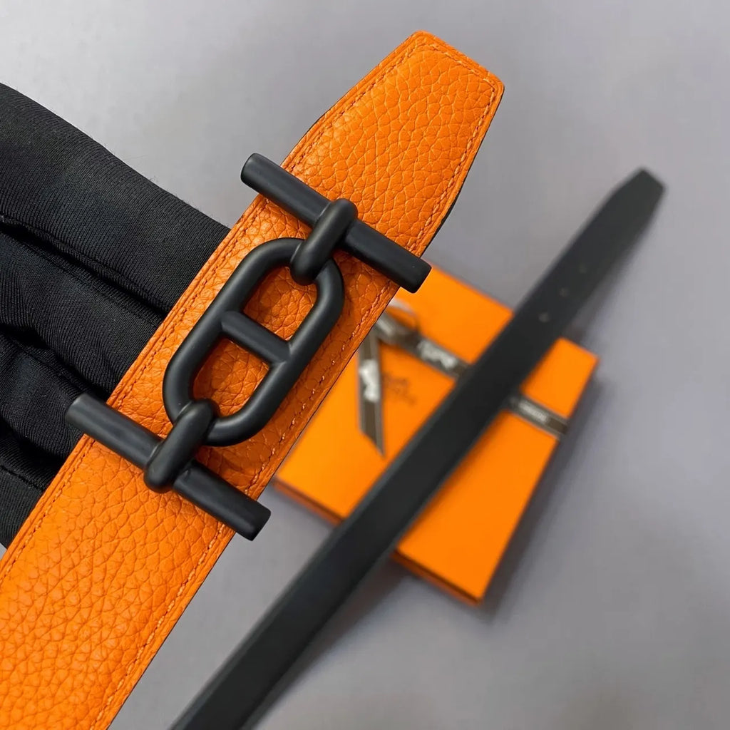 Hermes Orange Black Leather Belt - Hình 2