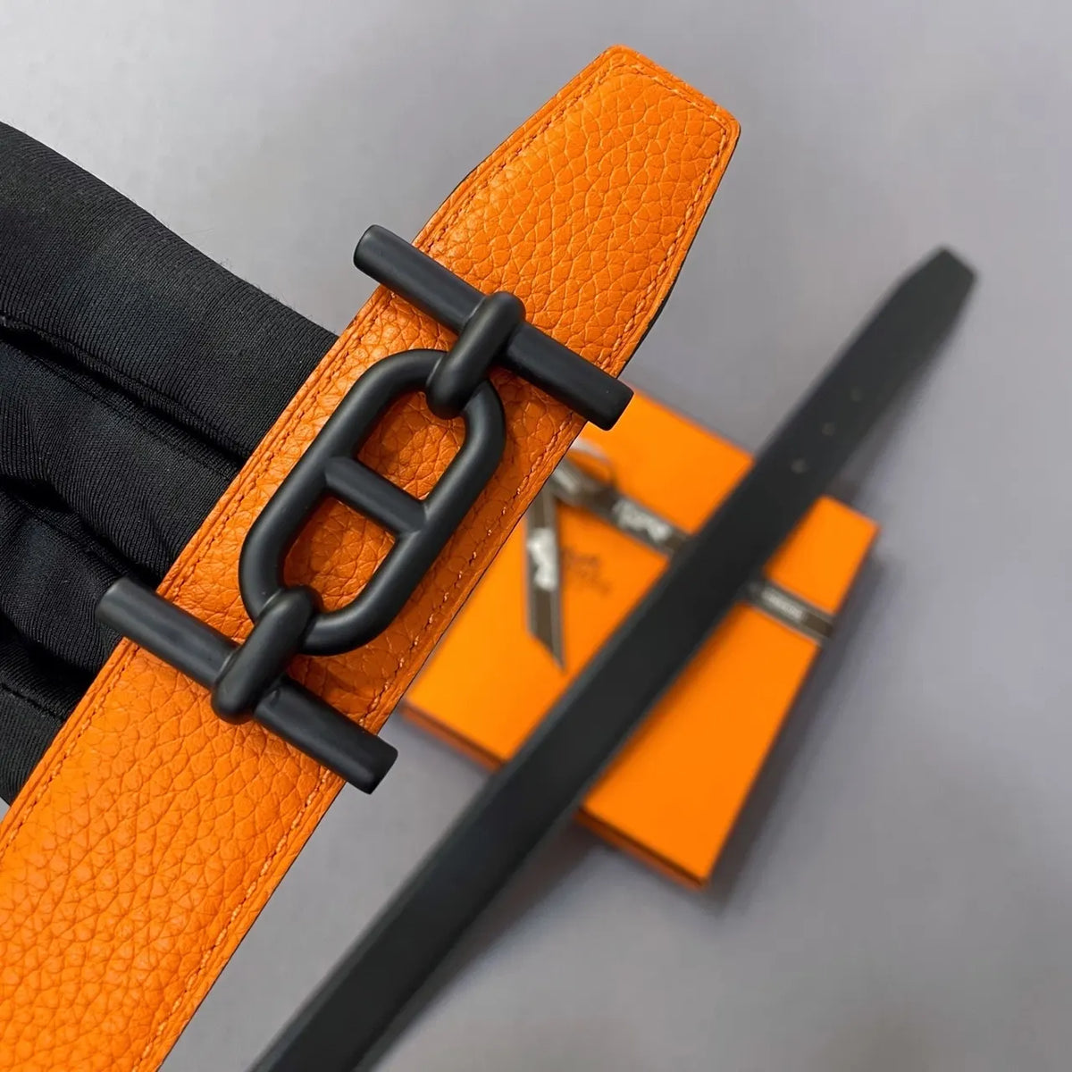 Hermes Orange Black Leather Belt - Hình 2