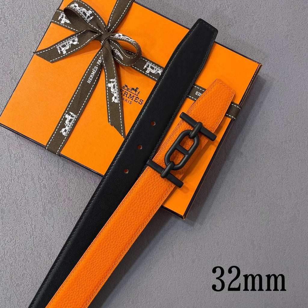 Hermes Orange Black Leather Belt - Hình 3