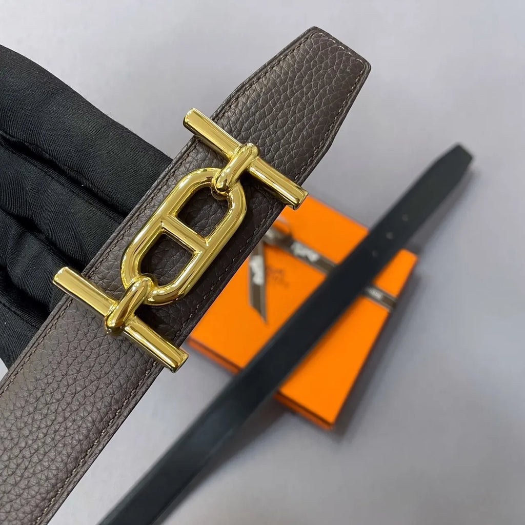 gold Hermes Brown Leather Belt - Hình 2