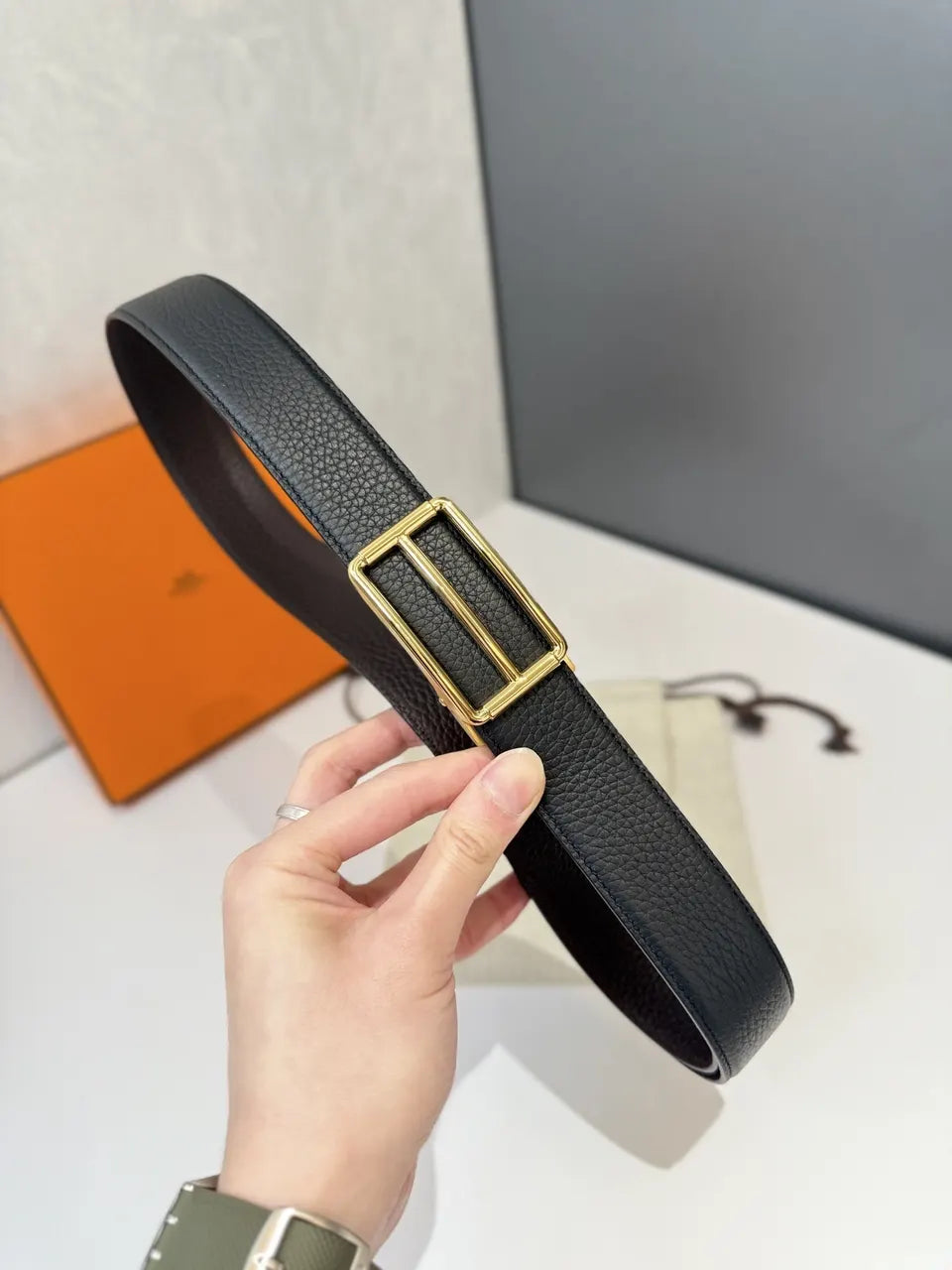 Hermes Black Grain Leather Belt