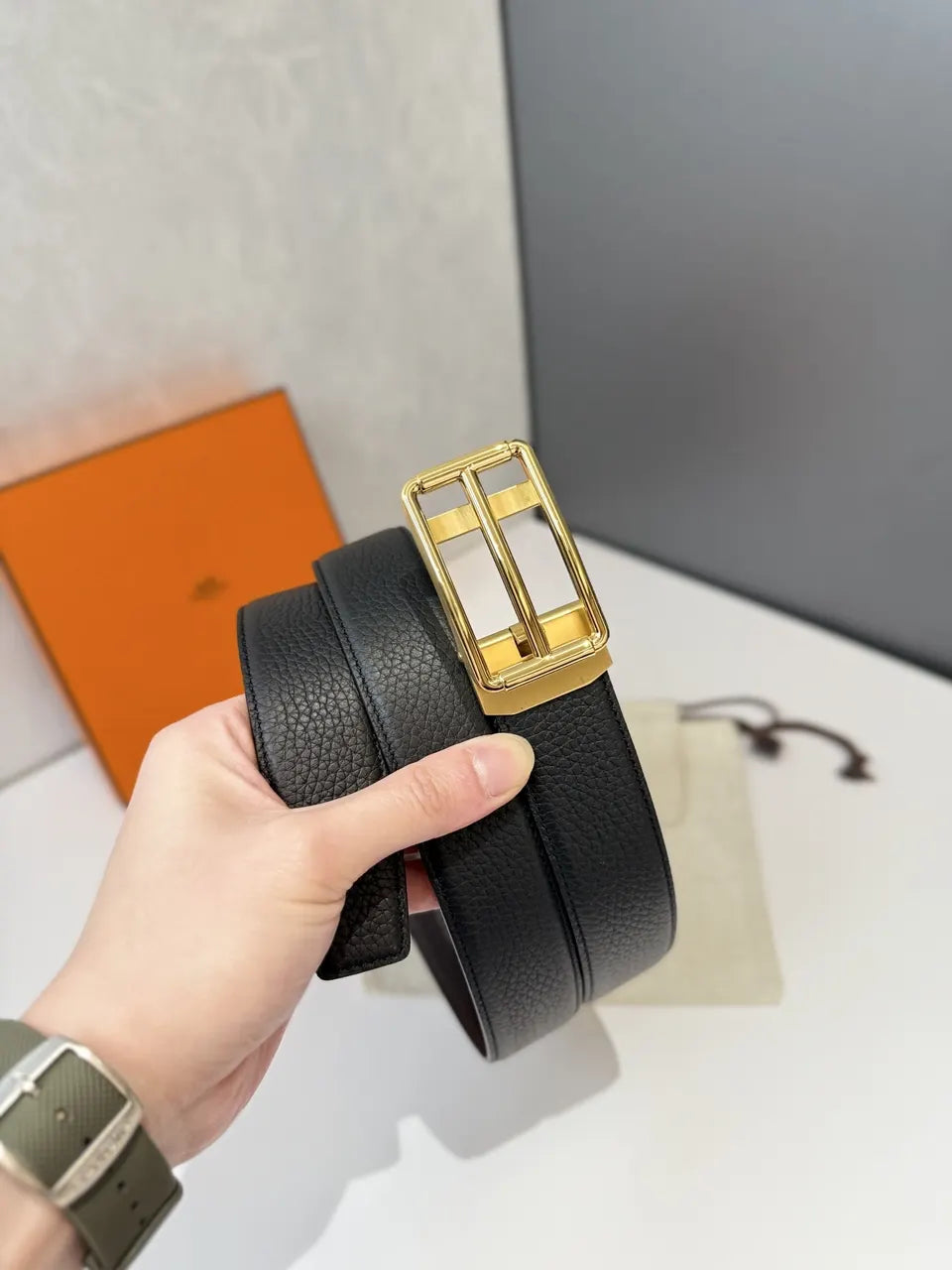 Hermes Black Grain Leather Belt - Hình 4