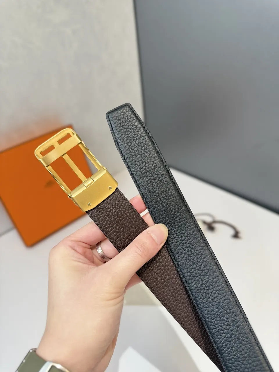 Hermes Black Grain Leather Belt - Hình 6