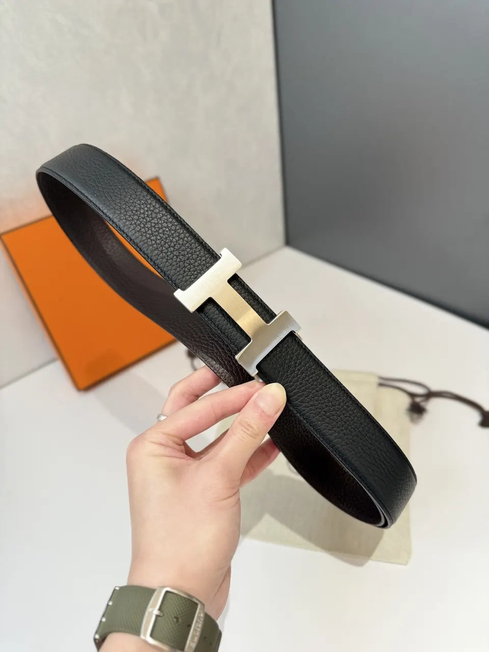 Hermes Black Grain Leather Belt
