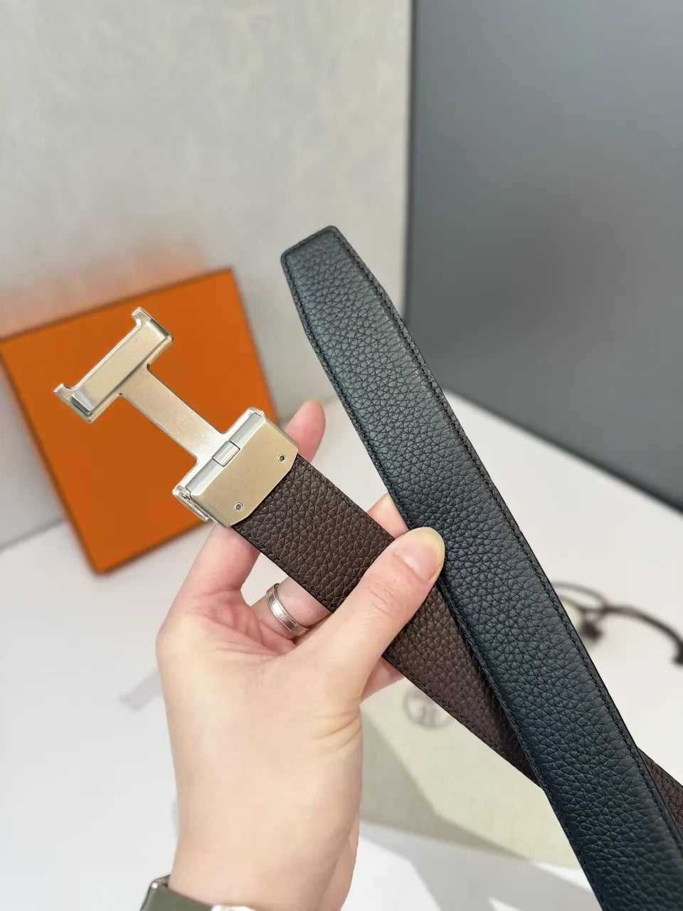 Hermes Black Grain Leather Belt - Hình 5
