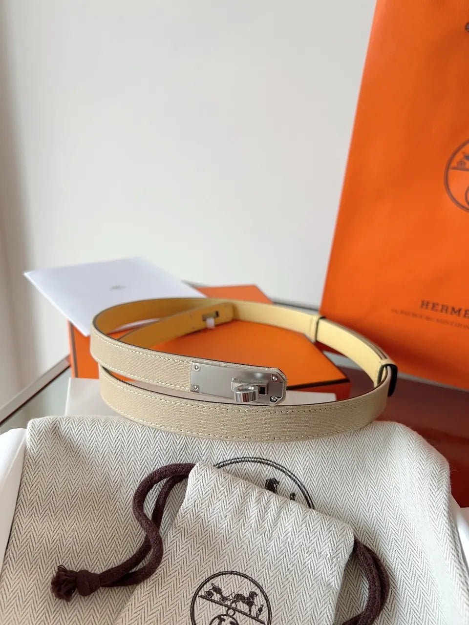 Hermes Beige Canvas Twilly Belt