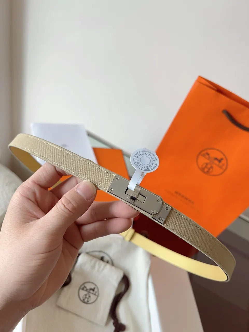 Hermes Beige Canvas Twilly Belt - Hình 2