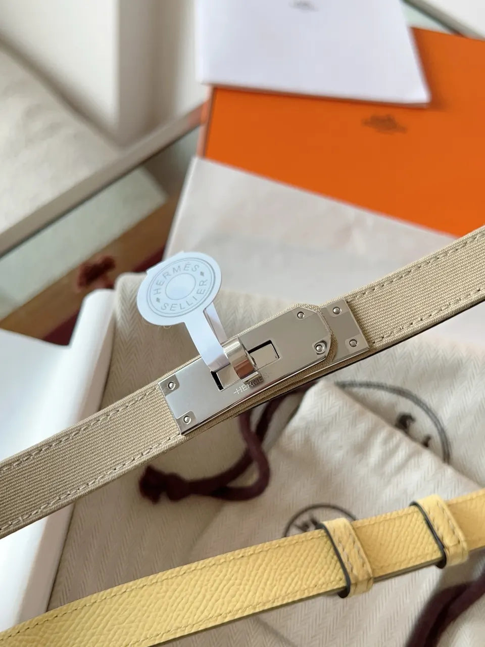 Hermes Beige Canvas Twilly Belt - Hình 3