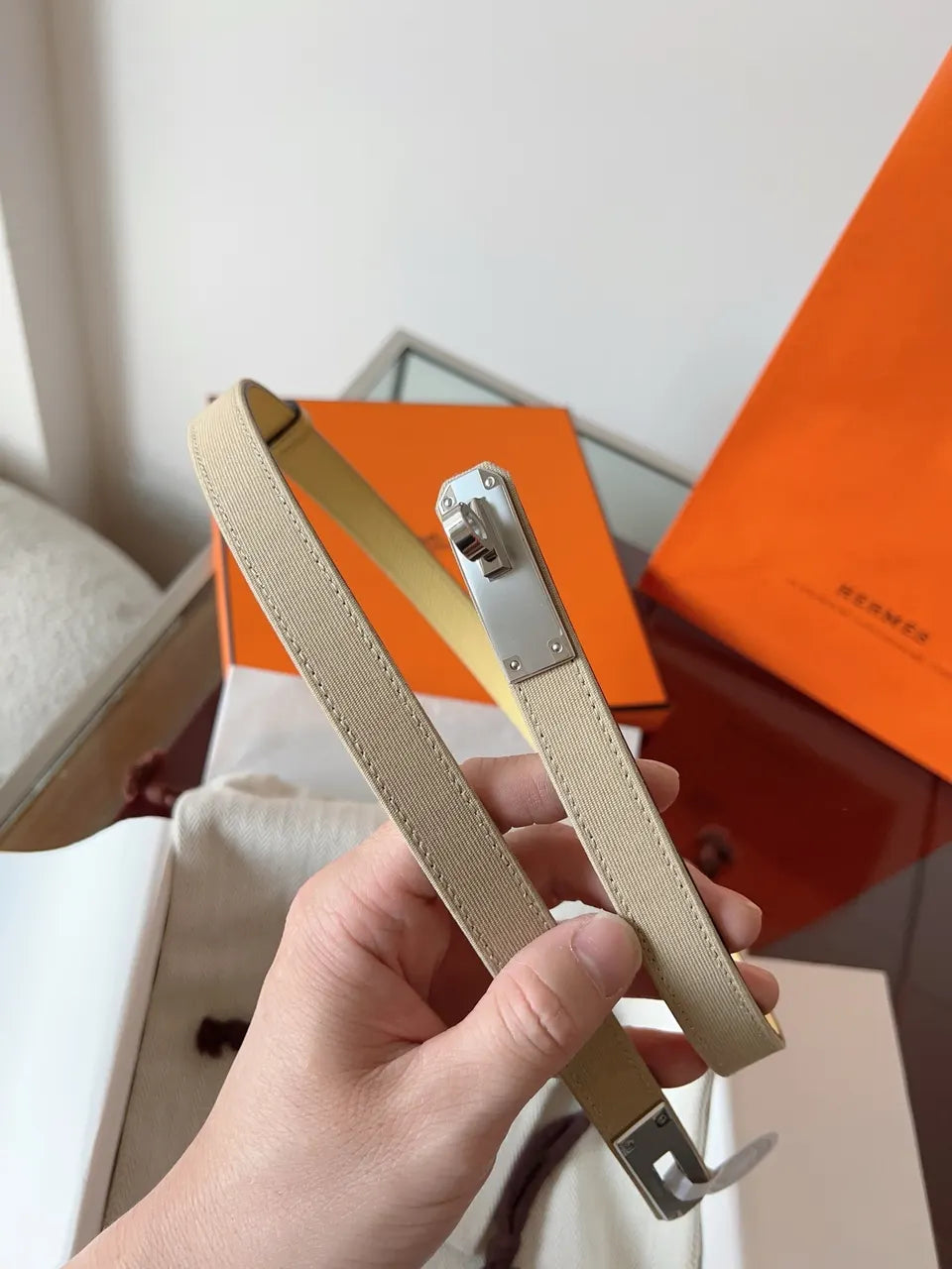 Hermes Beige Canvas Twilly Belt - Hình 4