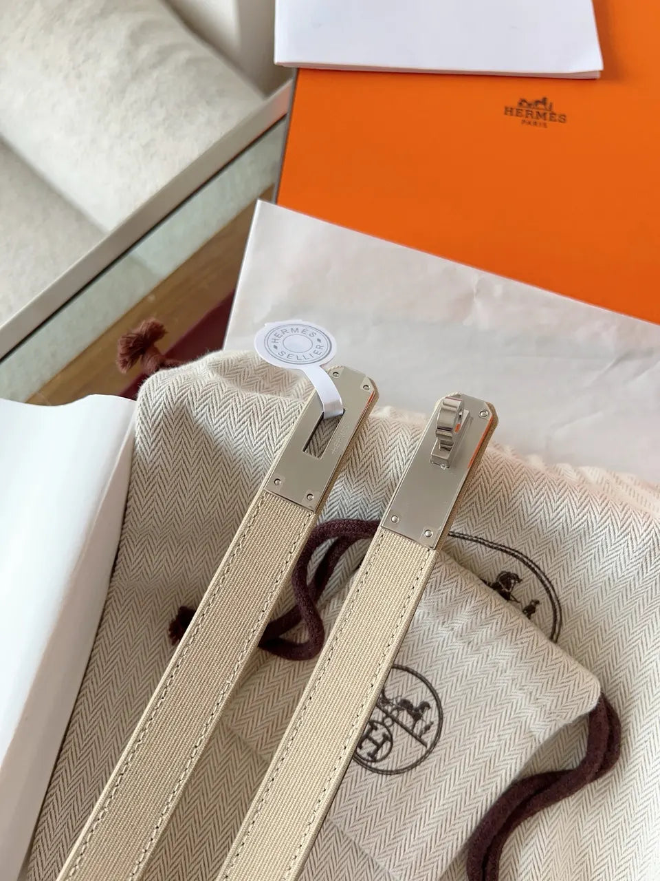 Hermes Beige Canvas Twilly Belt - Hình 5