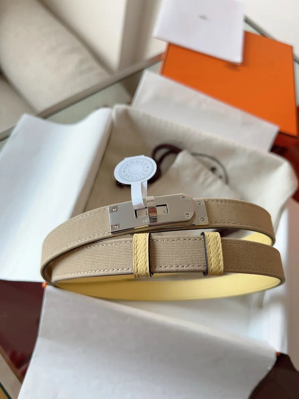 Hermes Beige Canvas Twilly Belt - Hình 9