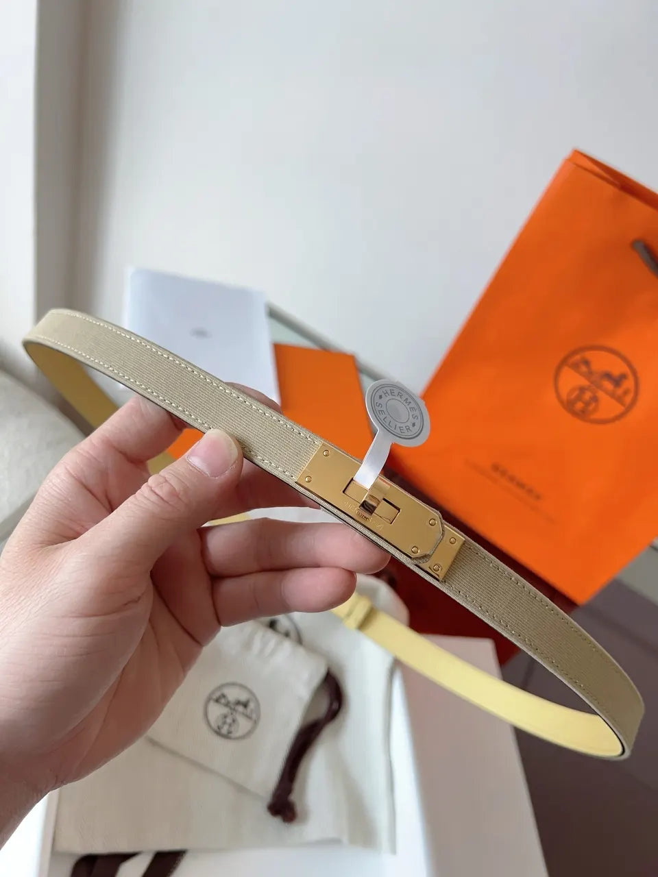 Hermes Khaki Canvas Gold Kelly Belt - Hình 2