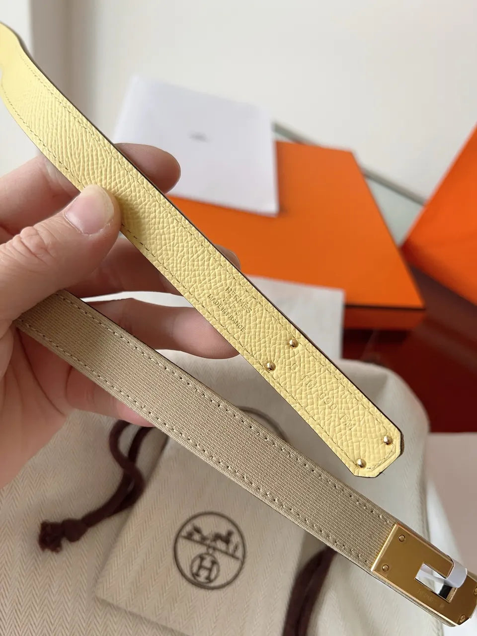Hermes Khaki Canvas Gold Kelly Belt - Hình 7