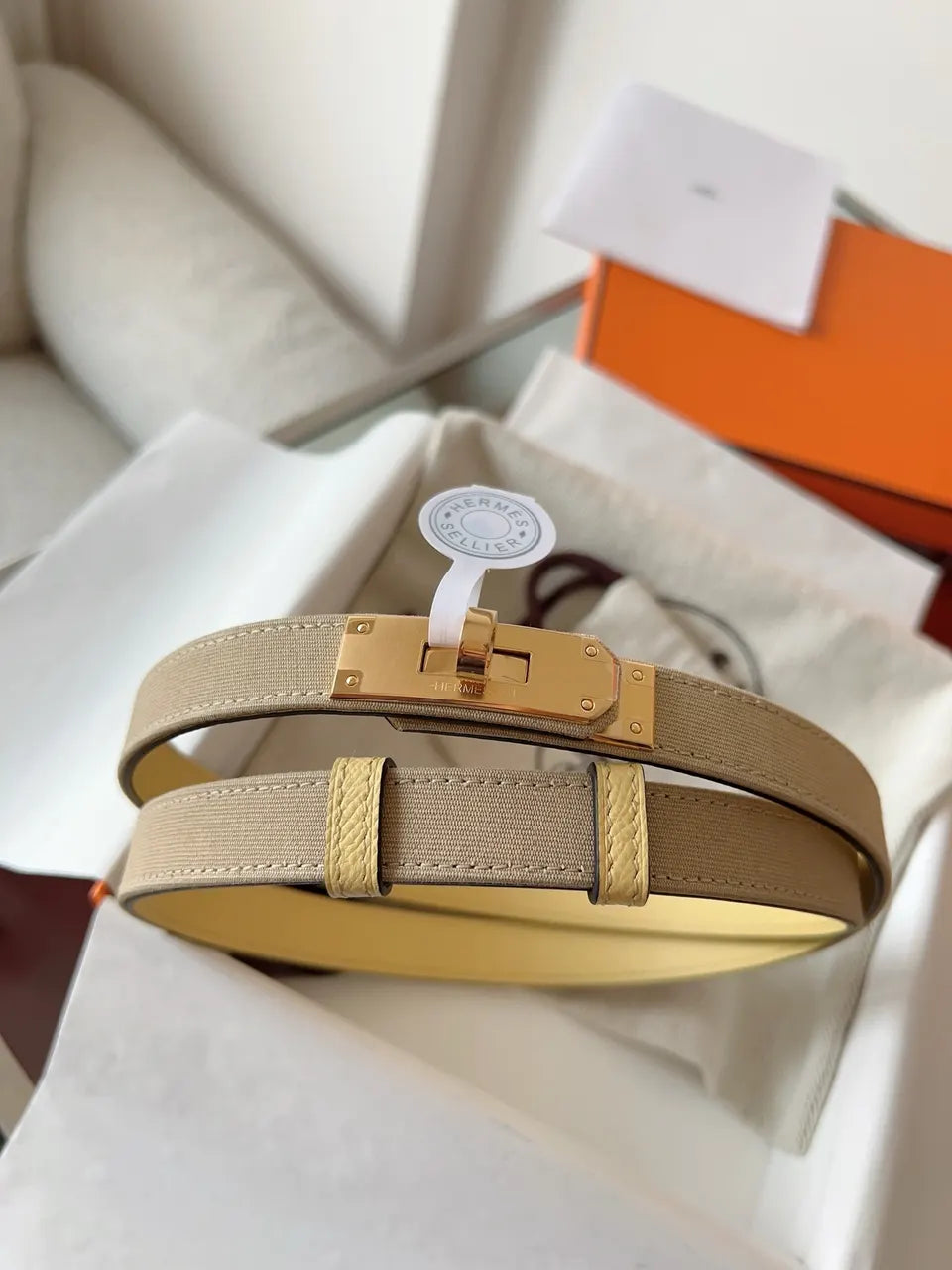 Hermes Khaki Canvas Gold Kelly Belt - Hình 9