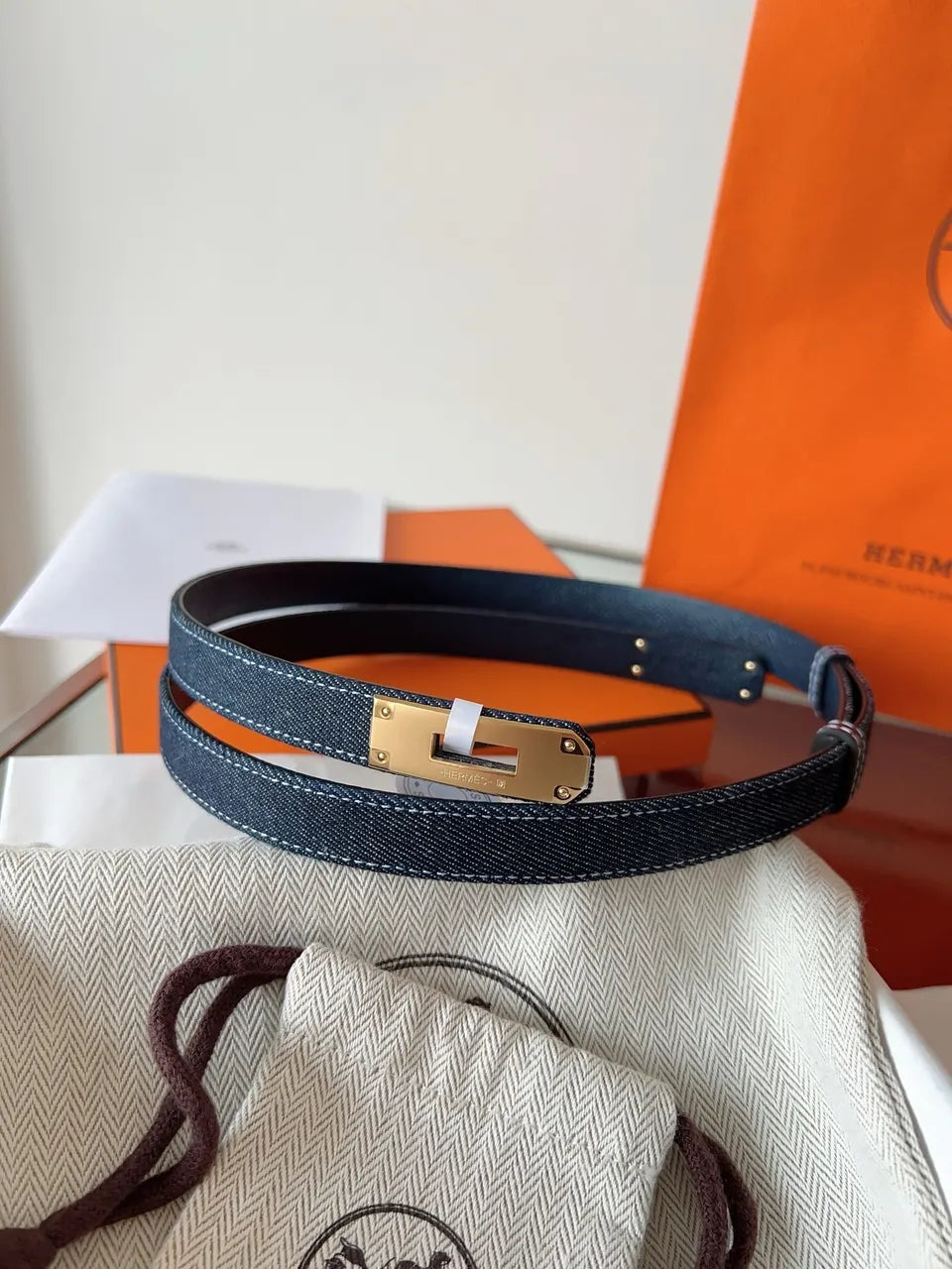 gold Hermes Blue Denim Kelly Belt