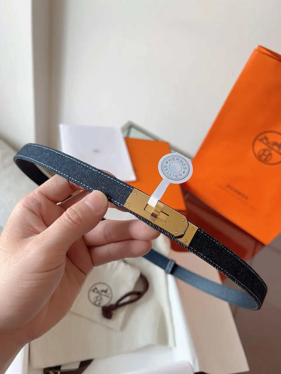 gold Hermes Blue Denim Kelly Belt - Hình 2