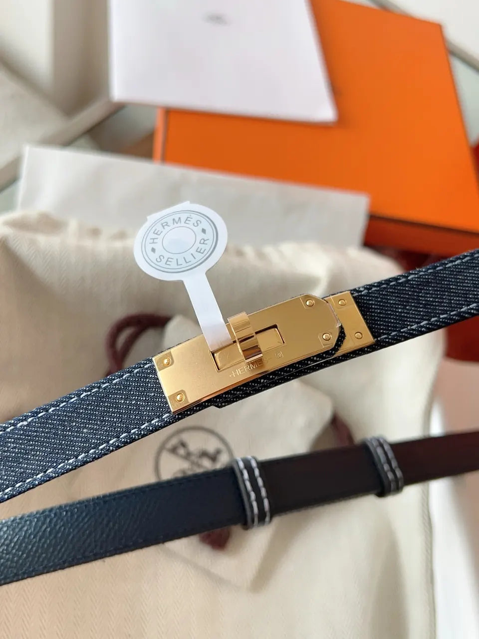 gold Hermes Blue Denim Kelly Belt - Hình 3