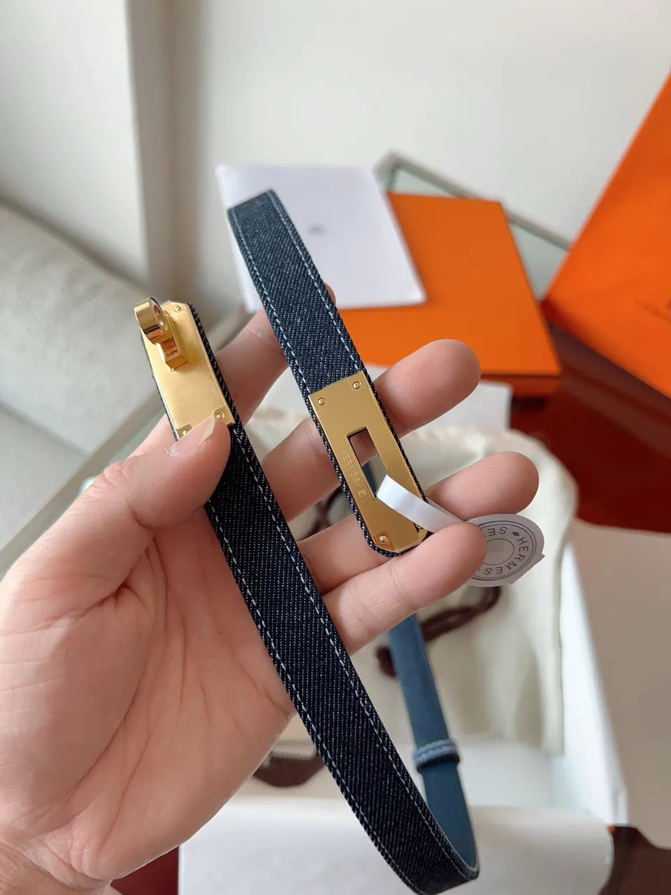 gold Hermes Blue Denim Kelly Belt - Hình 4