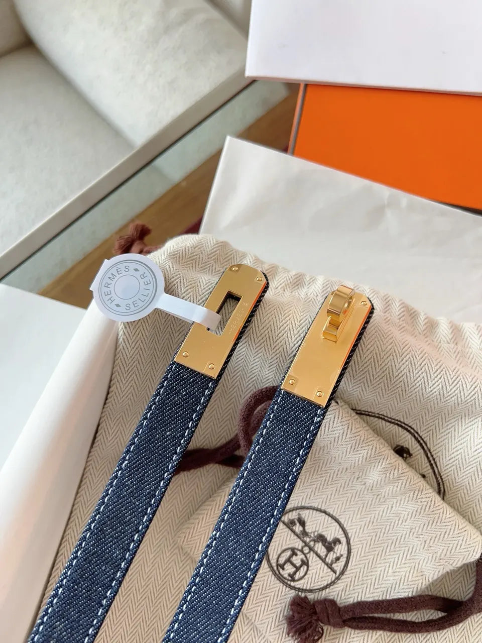 gold Hermes Blue Denim Kelly Belt - Hình 5