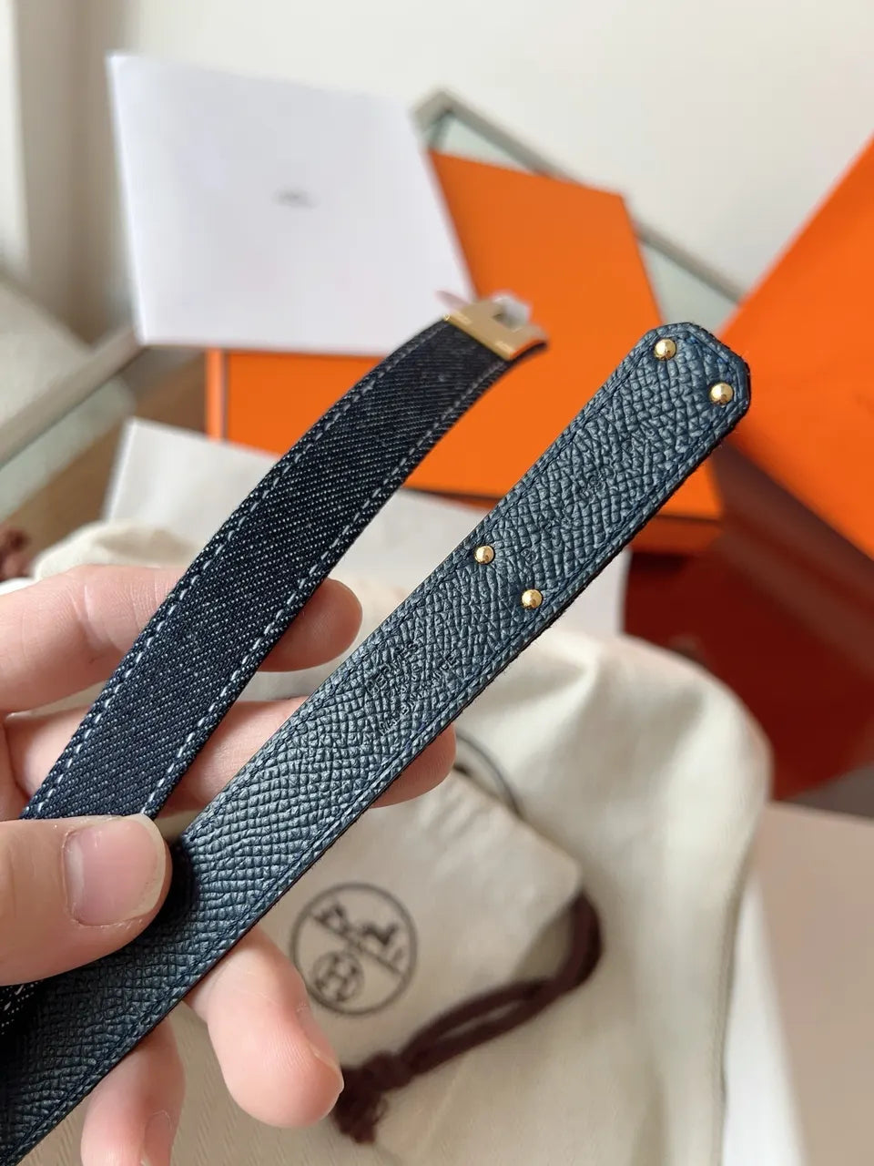 gold Hermes Blue Denim Kelly Belt - Hình 6