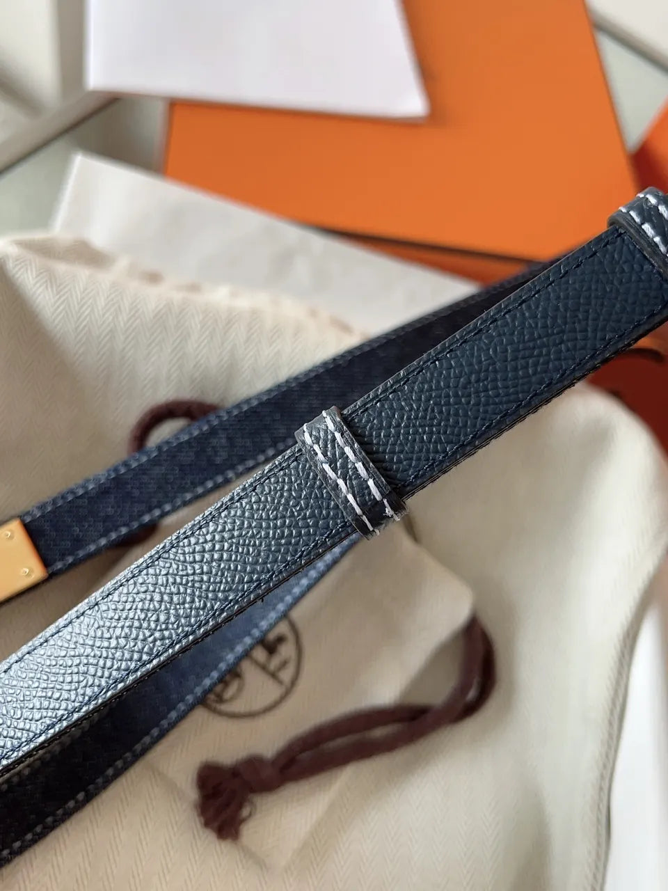 gold Hermes Blue Denim Kelly Belt - Hình 7