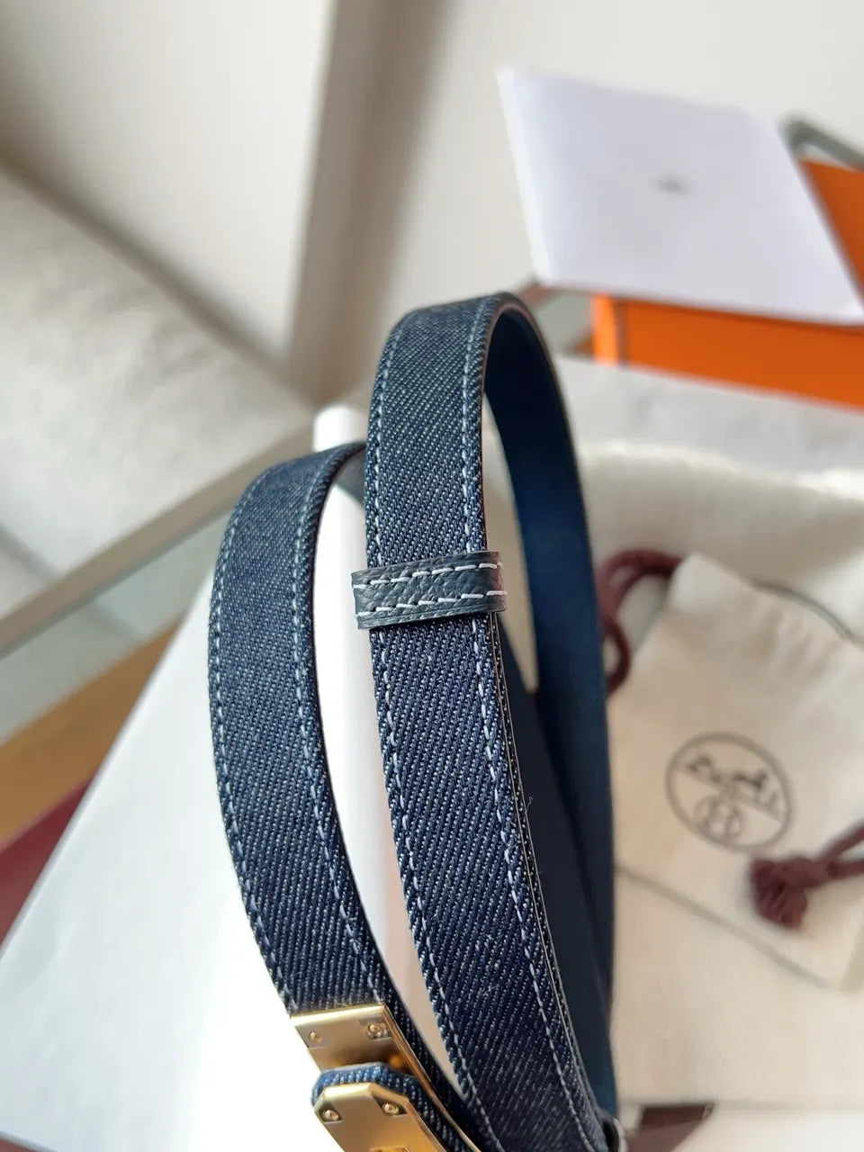 gold Hermes Blue Denim Kelly Belt - Hình 8