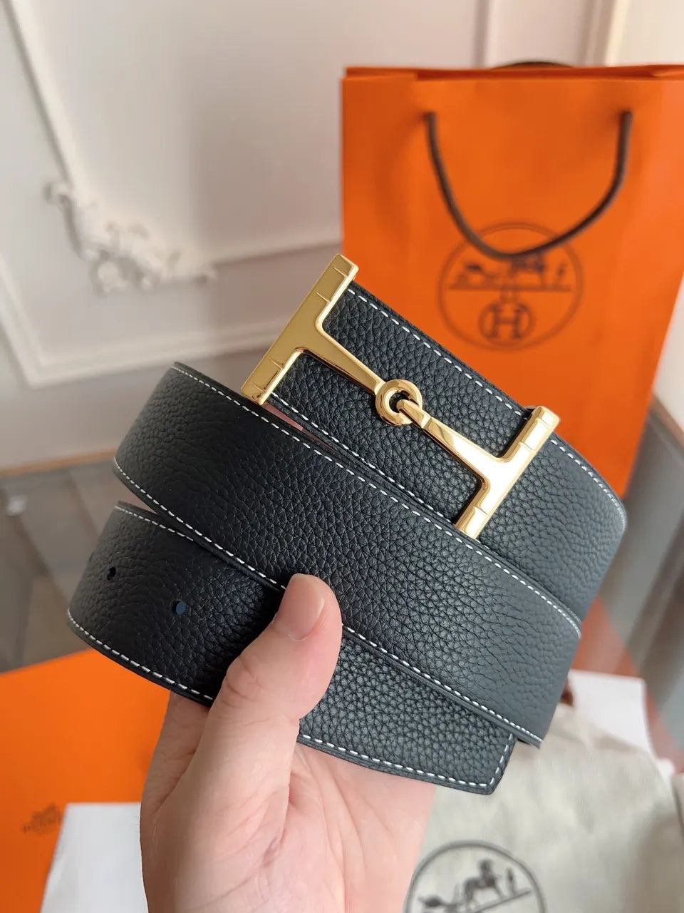 gold tone Hermes Black Leather Belt