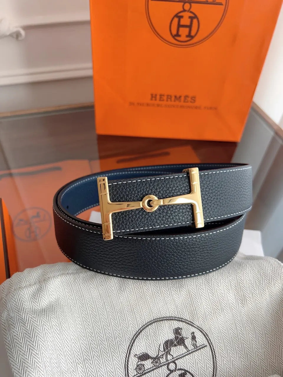 gold tone Hermes Black Leather Belt - Hình 2