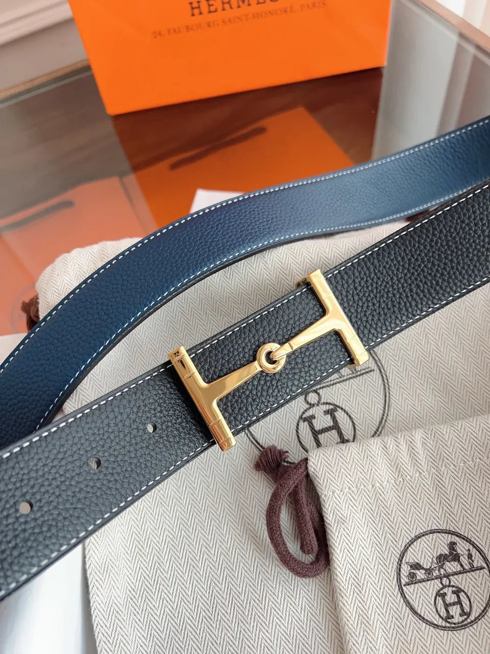 gold tone Hermes Black Leather Belt - Hình 3