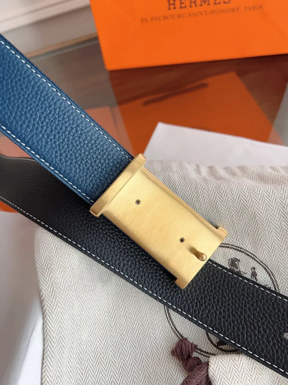 gold tone Hermes Black Leather Belt - Hình 4