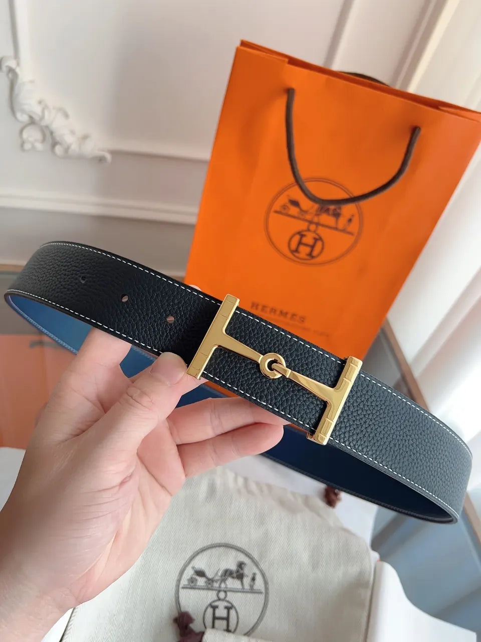 gold tone Hermes Black Leather Belt - Hình 5