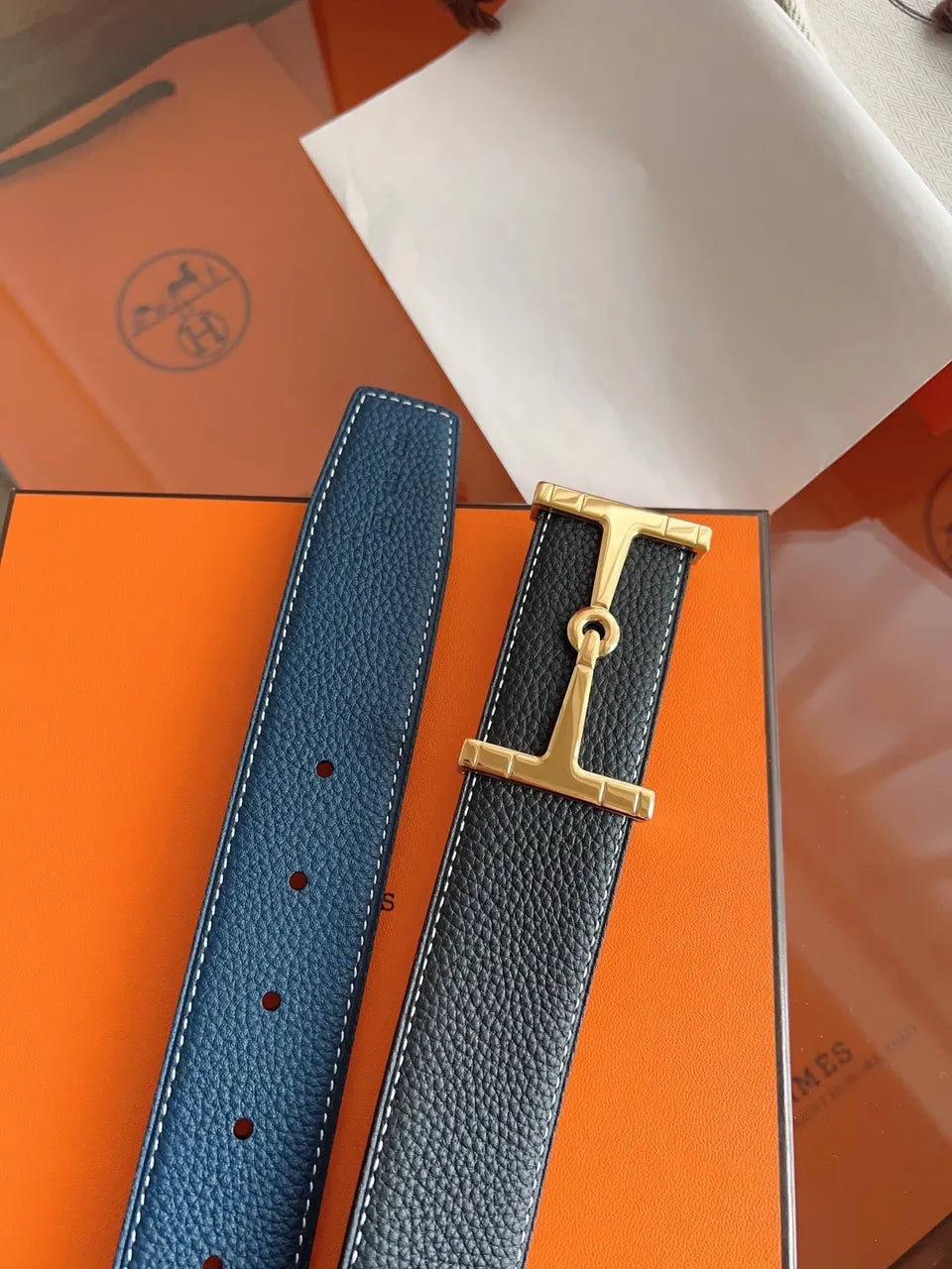 gold tone Hermes Black Leather Belt - Hình 6
