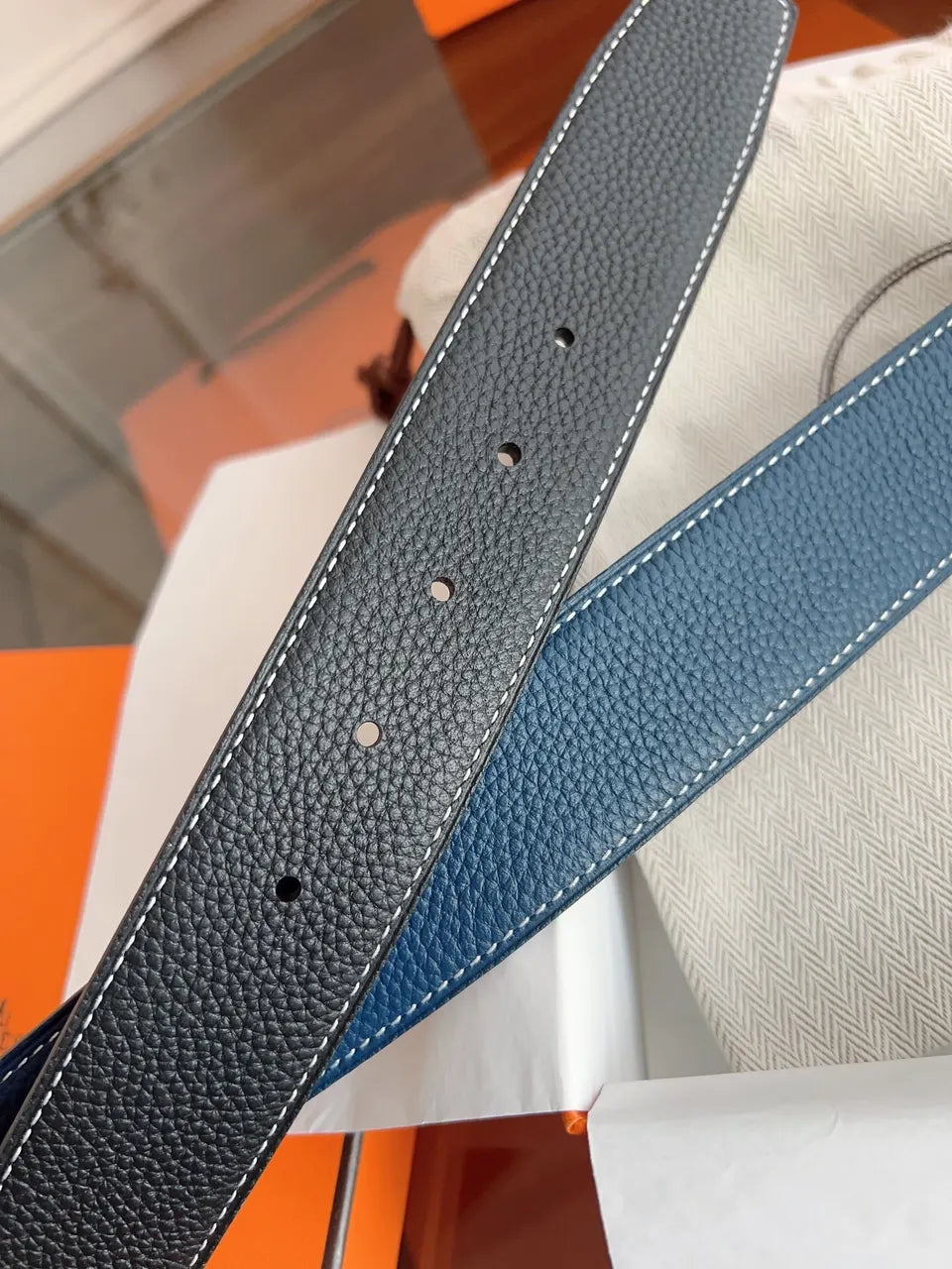 gold tone Hermes Black Leather Belt - Hình 7