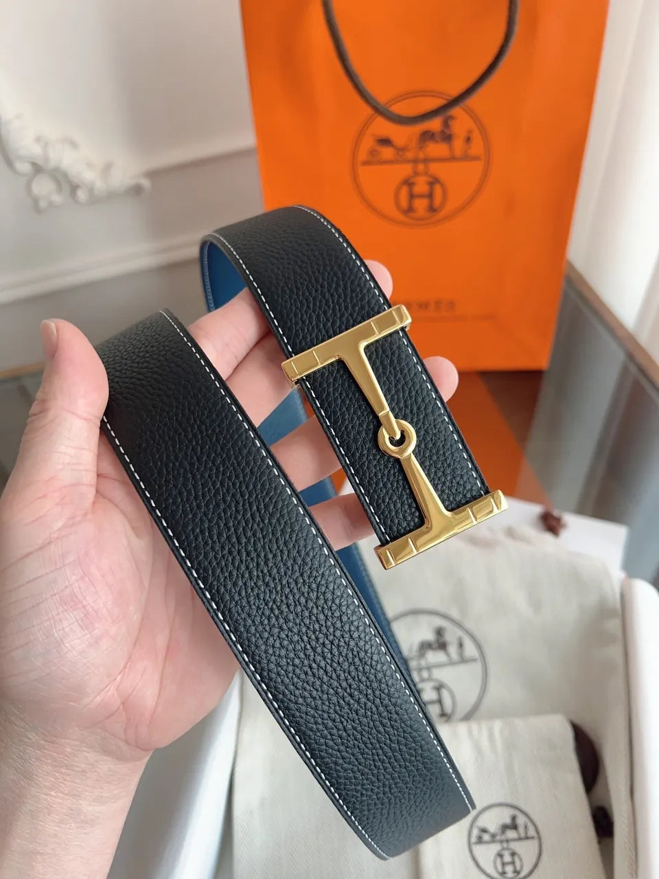 gold tone Hermes Black Leather Belt - Hình 8
