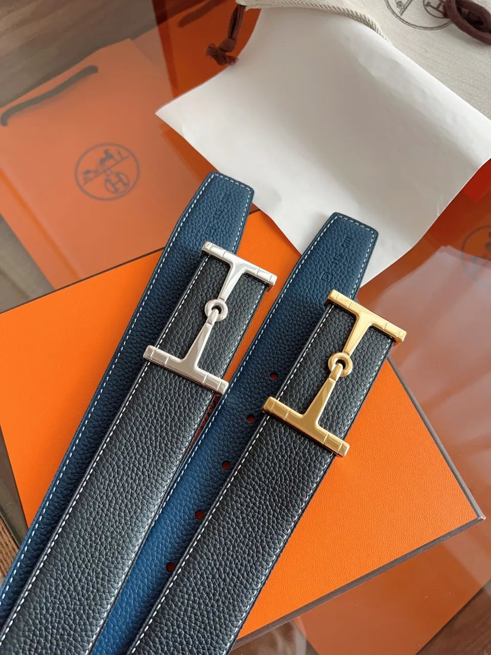 gold tone Hermes Black Leather Belt - Hình 9