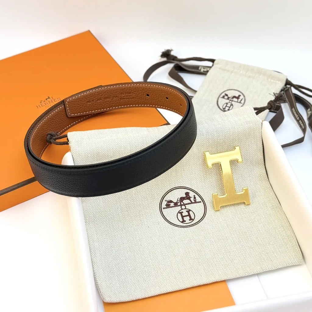 gold buckle Hermes Black Leather Belt