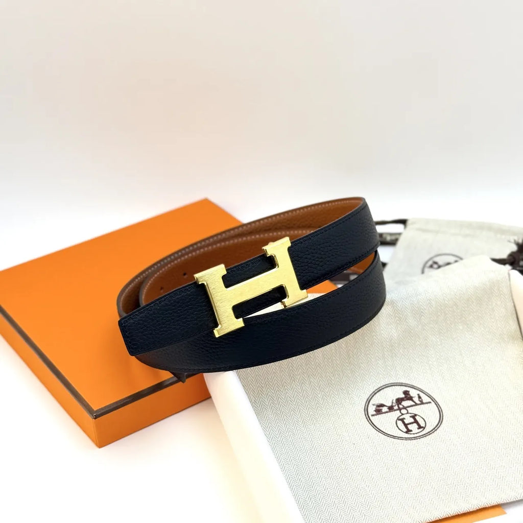 gold buckle Hermes Black Leather Belt - Hình 2