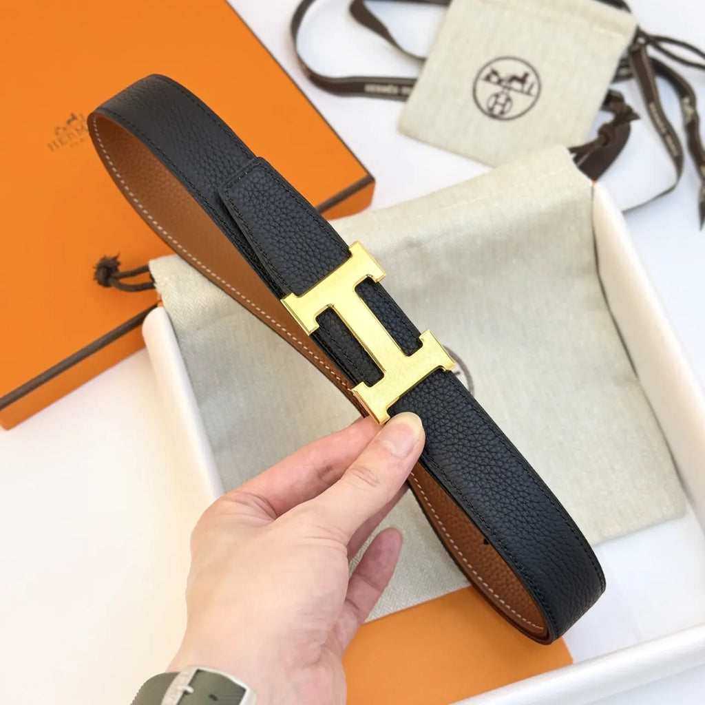 gold buckle Hermes Black Leather Belt - Hình 3